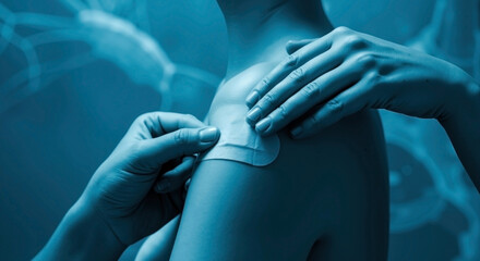 Medical professional applying adhesive patch to patient's shoulder in blue-tinted clinical setting. Healthcare treatment showing close-up of hands placing medical tape or transdermal patch on skin.