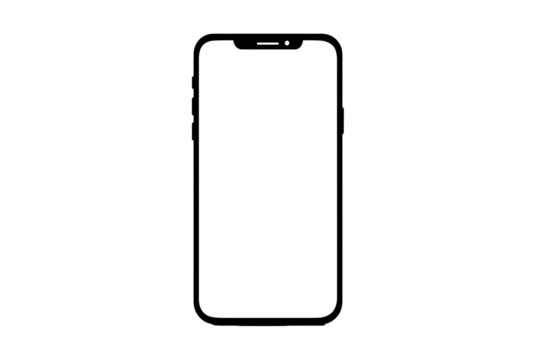 Black outline of a smartphone with blank screen on transparent background