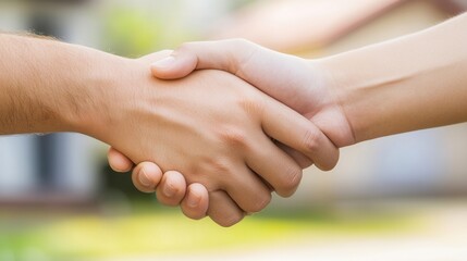 Close-up of two hands shaking in agreement outdoors