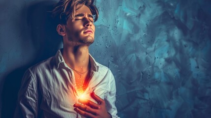 Fototapeta premium Anxious man grappling with overwhelming emotions represented by flames burning in his stomach