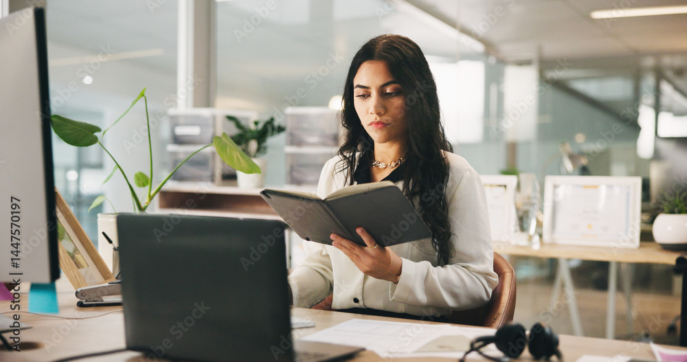 Poster planning, notebook and research with business woman in office for news editor, interview date and fa