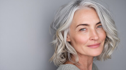 Mature woman with short, wavy, gray hair,  pleasant expression.  Gray background