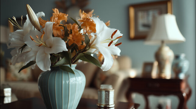 Elegant Floral Arrangement in Ceramic Vase on Coffee Table