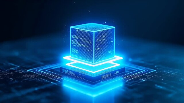 Futuristic glowing cube floating on computer chip
