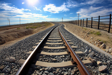 Obraz premium Train tracks curve into the endless sky above