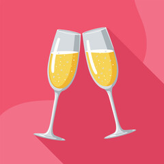 Glasses of champagne. Illustration in a flat design with long shadow