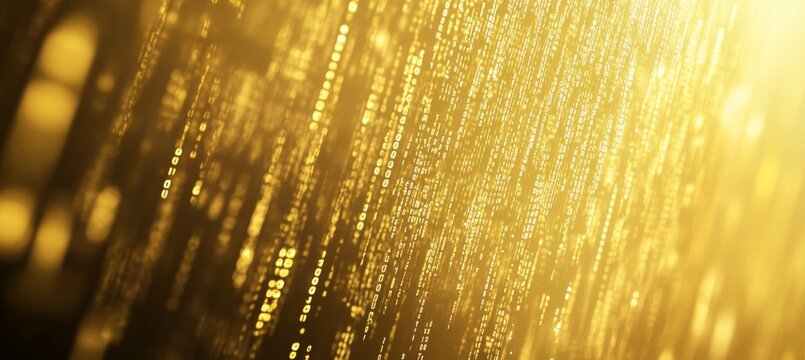 Abstract Golden Digital Binary Code Matrix Glowing Data Stream, Cyberspace, and Technology Concept.