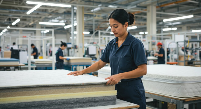 Factory worker inspecting white mattress in large manufacturing. Woman in blue uniform examining bedding product. Mattress assembly plant, multiple workstations. Industrial furniture production