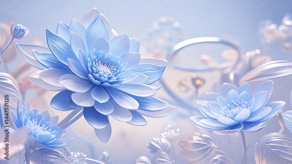 Aufkleber 淡い青色の花が咲く背景の柔らかな光の花びらが光るクローズアップビュー