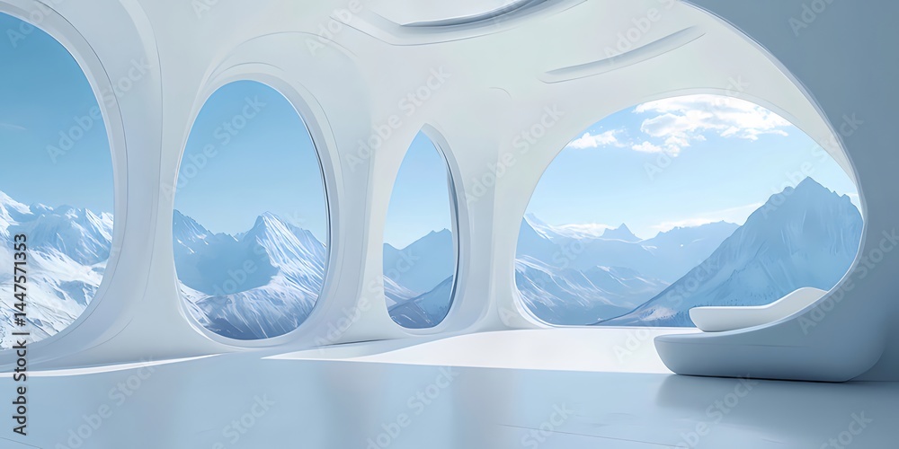 Poster 未来的な白い建築内観から雪山を望む青い空と自然の風景 冬の光が差し込むミニマルなデザイン