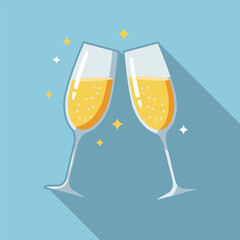 Glasses of champagne. Illustration in a flat design with long shadow