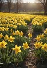 Fototapeta premium Sunlit daffodil field, vibrant yellow blooms, springtime , yellow flowers, fresh