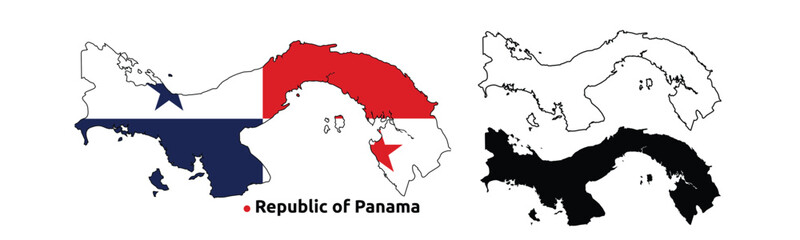 Panama Map Vector - Country Outline, Flag Inside Map, Blank and Silhouette Version