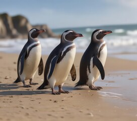 Obraz premium A group of Humboldt penguins waddling along the beach , penguin colony, peru