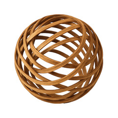 An intricate open sphere formed by uniquely interlocking rich, warm-toned wooden bands with detailed wood grain texture.