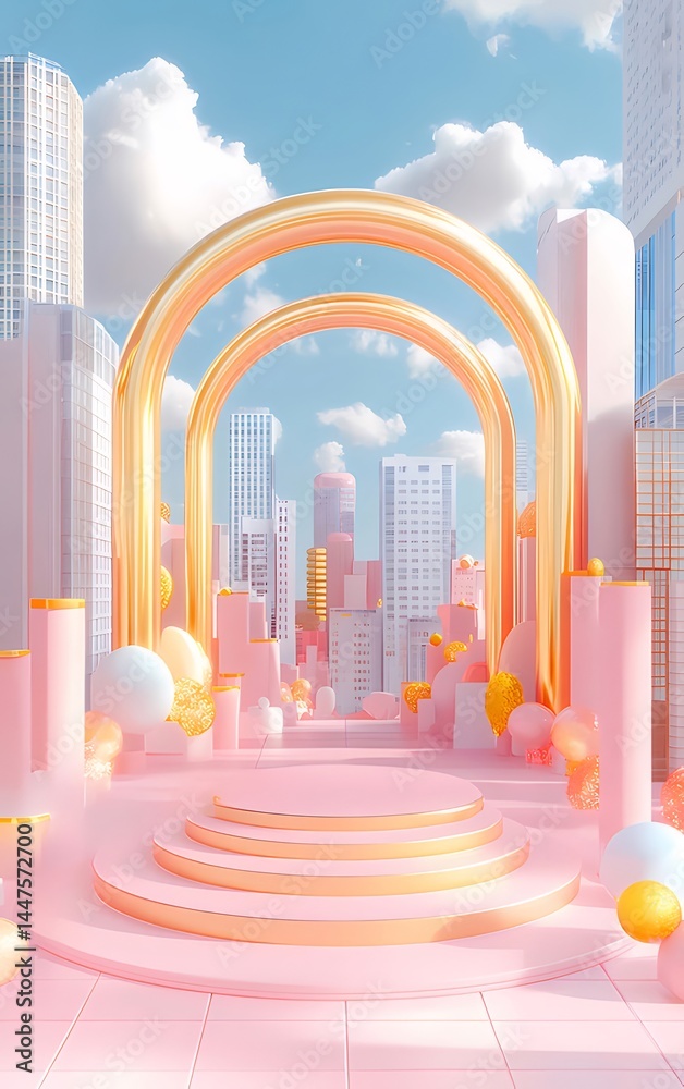 Aufkleber ピンクのアーチと球体による都市風景のデザイン 鮮やかな青空を背景にしたモダンな3dレンダリング