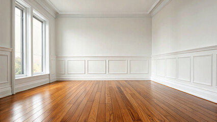 Fototapeta premium Empty room with wooden floor and white wall paneling, bright natural light from large windows, clean and spacious interior with classic molding details