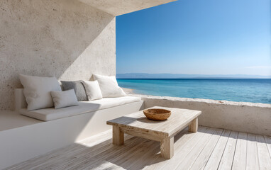 Serene coastal retreat with ocean view and minimalist decor in bright sunlight