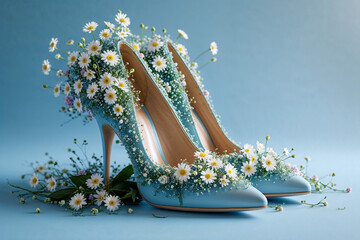 Elegant Blue Heels Decorated with White Daisies