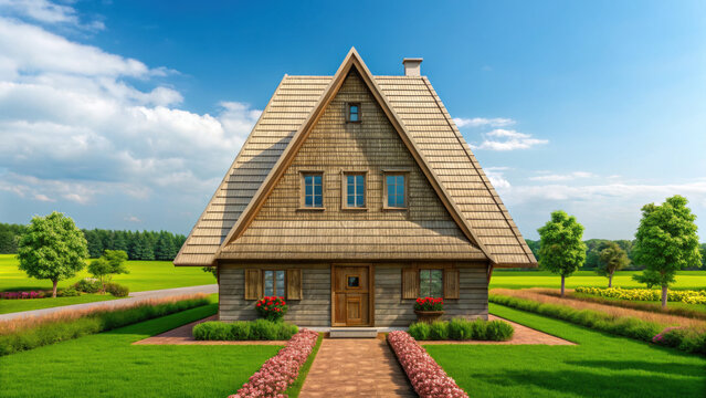 European countryside house with steep pitched roof and wooden exterior surrounded by green lawn and trees under bright blue sky with clouds