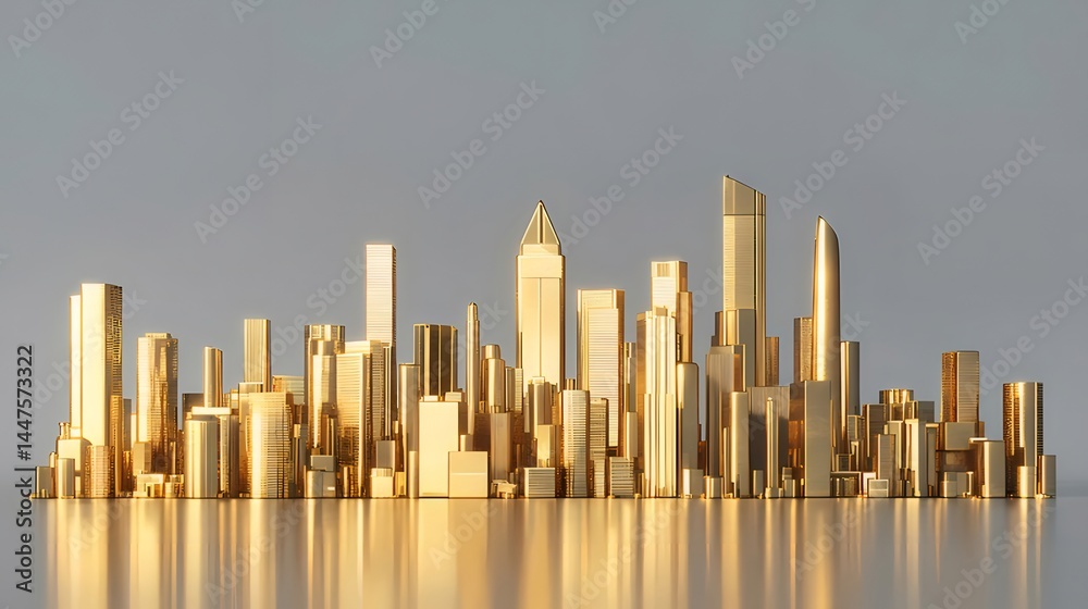 Aufkleber 黄金色の都市建築物の立体的な表現 輝く光と影のコントラスト シンプルな背景