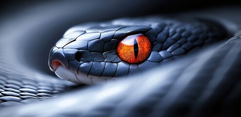 Close-up of a black viper snake with striking red eyes and textured scales