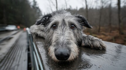 Fototapeta premium Sad wet dog resting on bridge rail during rainy weather with flash flood warning concept of animal vulnerability, rescue awareness and emotional response to severe climate conditions