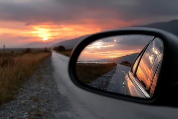 Sunset Road Trip Mirror Reflection of Golden Hour Drive.