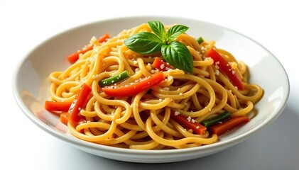 Stir-fried noodles with vegetables, isolated on white , delicious, fresh, asian