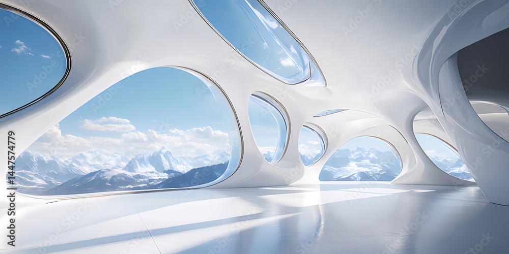 Poster 未来的な白い建築内部の窓から見える山の風景 青い空と光の反射が美しい空間