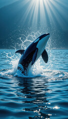 Fototapeta premium Majestic orca breaching ocean surface in bright sunlight.