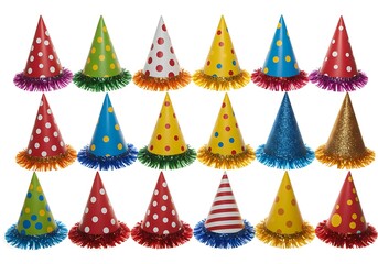 A collection of colorful party hats arranged in rows on a white background for a festive celebration