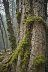 Obraz premium Ancient grey weathered tree trunks, moss, lichen, vines, alpine cliff , image, vine