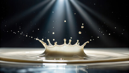 Milk splash crown with droplets frozen in air under spotlight, creating dramatic and dynamic effect on dark background