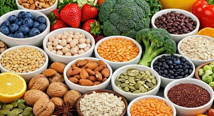 Health Food Fitness Concept Fruits Vegetables Pulses Herbs Spices Nuts Grains Healthy Eating Background