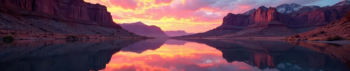 Cathedral Rock's mirrored image in still water, vibrant sunset hues , red rocks, sunrise, nature