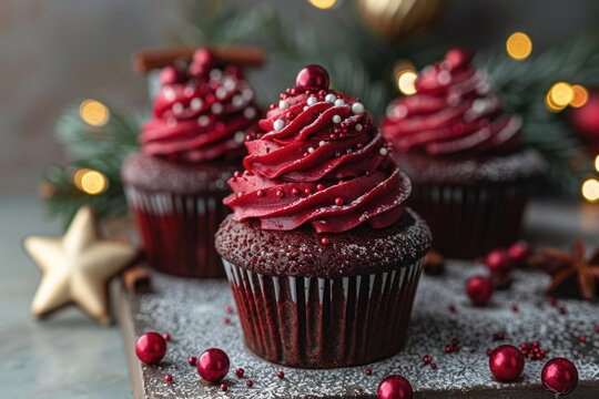 Festive chocolate cupcakes with red frosting, sprinkles, and Christmas decorations