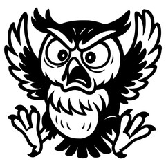 Obraz premium Angry cartoon owl with wide eyes and raised wings, expressive black and white vector character.