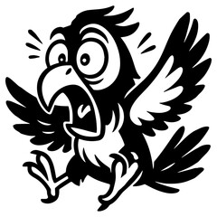 Obraz premium Cartoon parrot with wide eyes, black and white vector illustration.