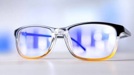 A pair of stylish eyeglasses with clear transparent frames and amber tinted lenses rests on a white surface against a blurred modern background.