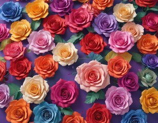 Obraz premium Gradient of colorful paper roses, vibrant backdrop, paper flowers, event