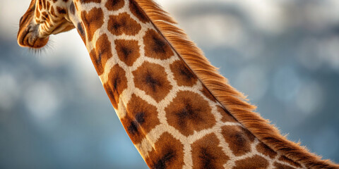 Obraz premium Giraffe neck with detailed fur pattern in warm brown and beige tones, showing natural texture and high resolution close up, evoking calm and majestic feeling in wildlife photography