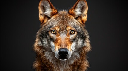 Obraz premium Majestic adult wolf portrait against a dark background, capturing the spirit of the wild