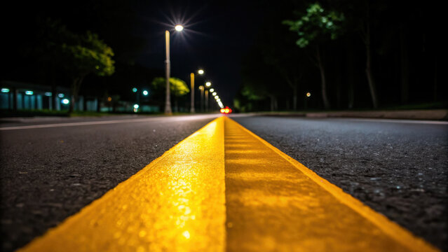Glowing road line with reflective yellow paint on asphalt street at night under streetlights, creating vibrant and focused perspective view