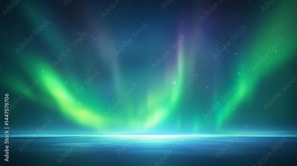 Poster green aurora borealis displaying across a dark night sky with scattered stars above blue light and s