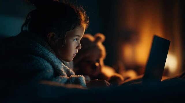 Young child focused on screen while reading in cozy dim room