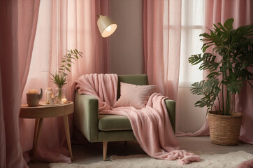 Cozy Romantic Interior with Pink Accents, String Lights, and Greenery in a Stylish Living Space