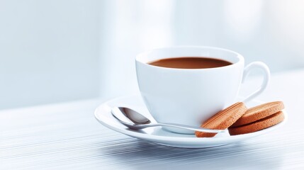 Obraz premium A steaming cup of coffee sits on a white saucer next to a few delicious crispy cookies on a light wooden table near a bright window.