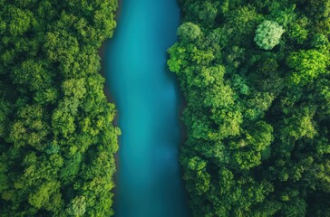 Naklejka premium A river flowing through a dense forest, tranquil water