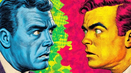 Fototapeta premium Pop-Art Business Clash, two furious businessmen in vibrant colors, shouting across empty speech bubbles, capturing the intense energy and drama of 1980s comic book aesthetics.